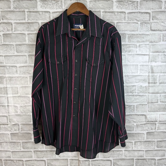 Wrangler Cowboy Cut X-Long Tails Black & Pink Striped Pearl Snap Shirt Mens 18 - Picture 1 of 7
